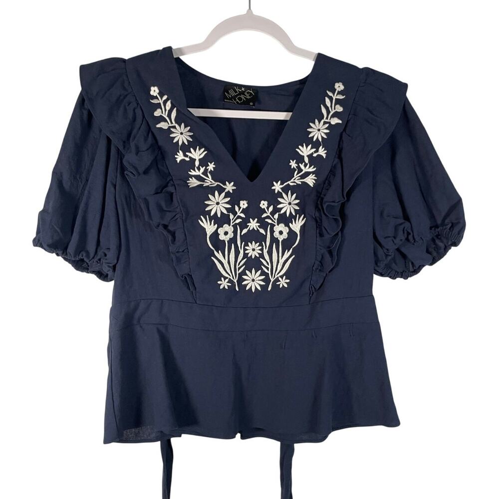 Milk & Honey Blue White Embroidered Floral 100% Cotton Peplum Top XL Ruffle Neck - Picture 1 of 6